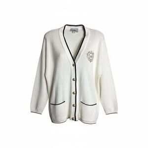 Vintage 80’s Women Nautical Style White/Gold Crest Cardigan Sz.Lrg Coastal Vibes